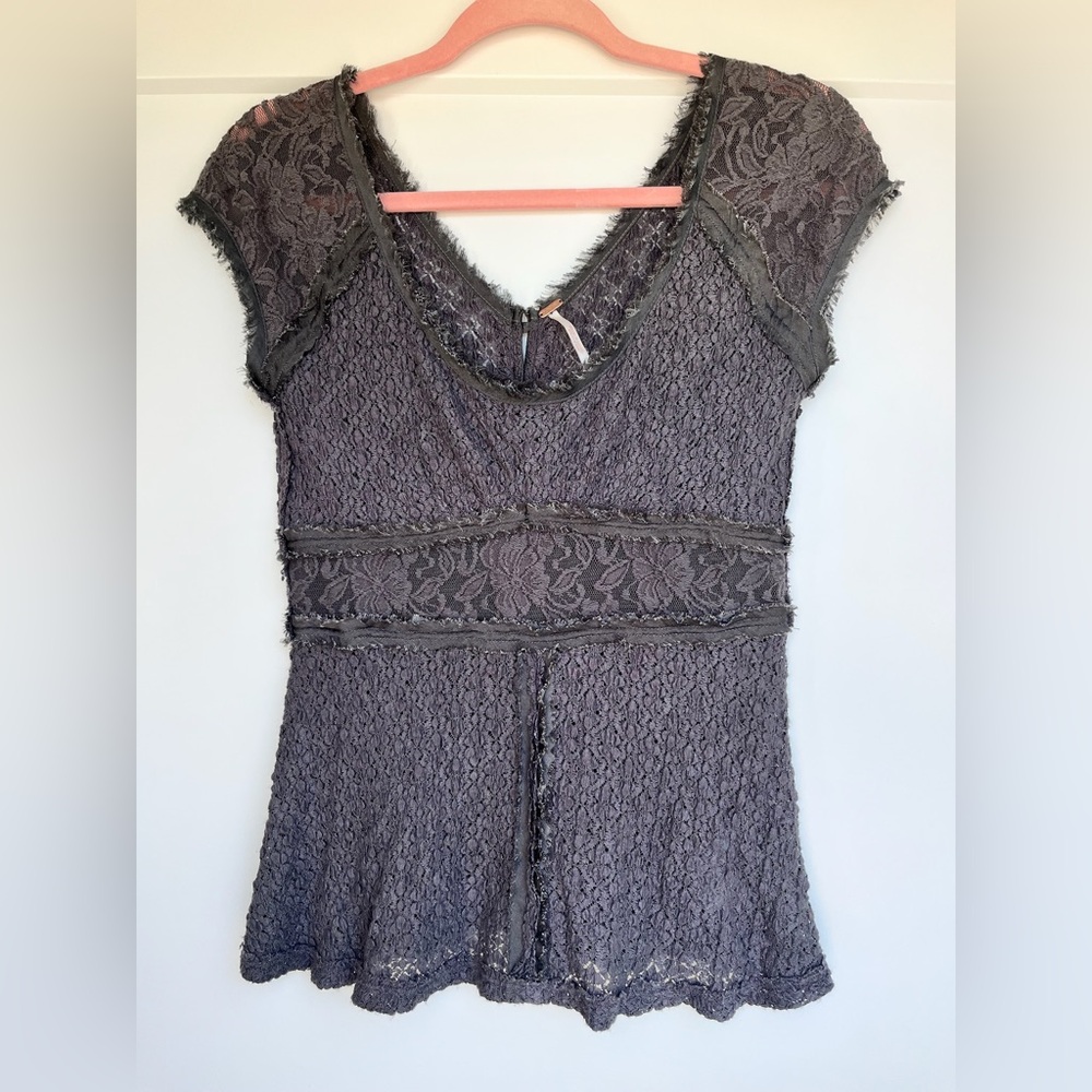 Free people romantic lace grey top with button back small